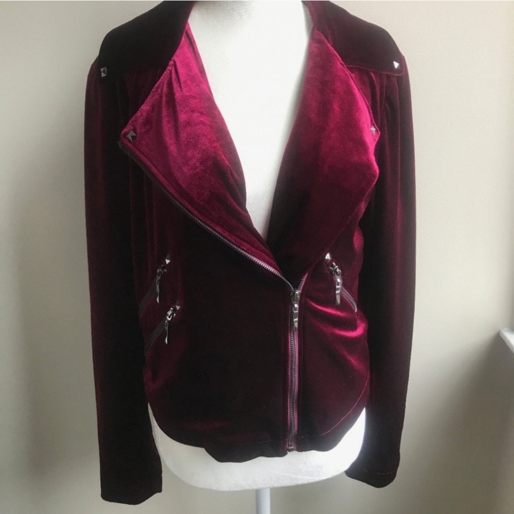 Badgley Mischka Burgundy Velvet Moto Jacket Small - Picture 3 of 12